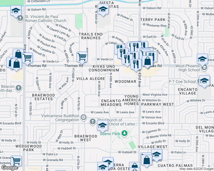 map of restaurants, bars, coffee shops, grocery stores, and more near 2643 North 45th Drive in Phoenix