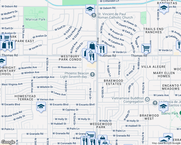 map of restaurants, bars, coffee shops, grocery stores, and more near 2634 North 51st Avenue in Phoenix