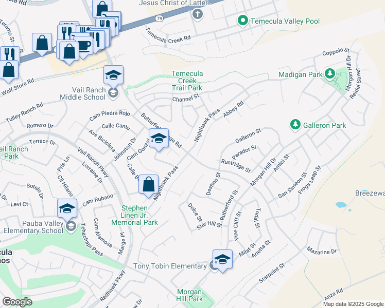 map of restaurants, bars, coffee shops, grocery stores, and more near 33554 Abbey Road in Temecula