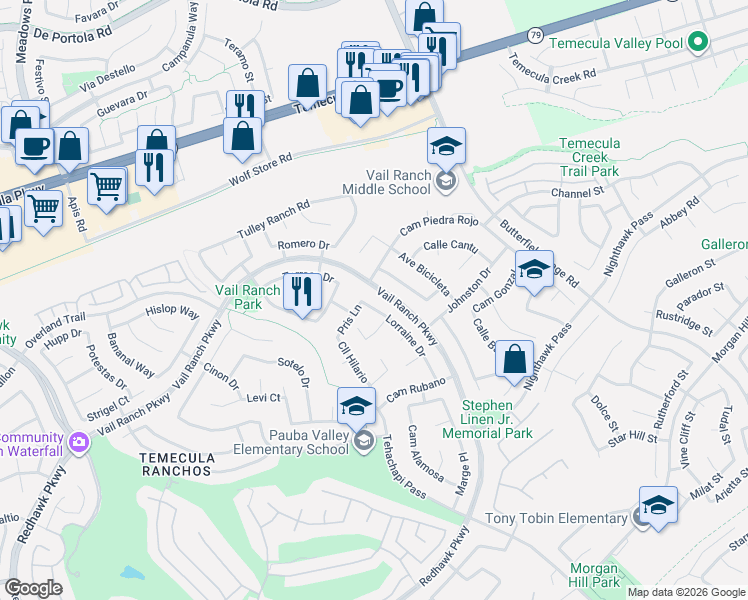 map of restaurants, bars, coffee shops, grocery stores, and more near 44640 Lorraine Drive in Temecula