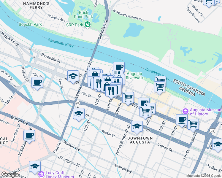 map of restaurants, bars, coffee shops, grocery stores, and more near in Augusta