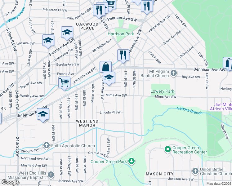 map of restaurants, bars, coffee shops, grocery stores, and more near 1728 Cleburn Avenue in Birmingham