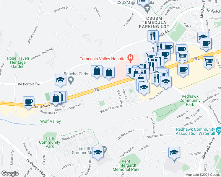 map of restaurants, bars, coffee shops, grocery stores, and more near 31566 Calle Los Padres in Temecula