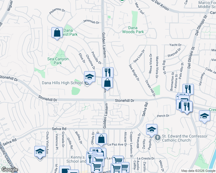 map of restaurants, bars, coffee shops, grocery stores, and more near 33381 Nottingham Way in Dana Point