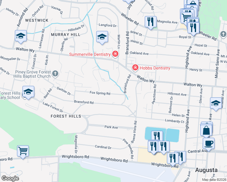 map of restaurants, bars, coffee shops, grocery stores, and more near 826 Barrett Lane in Augusta
