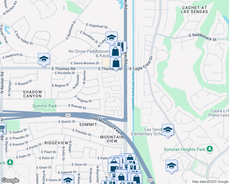 map of restaurants, bars, coffee shops, grocery stores, and more near 6717 East Regina Street in Mesa