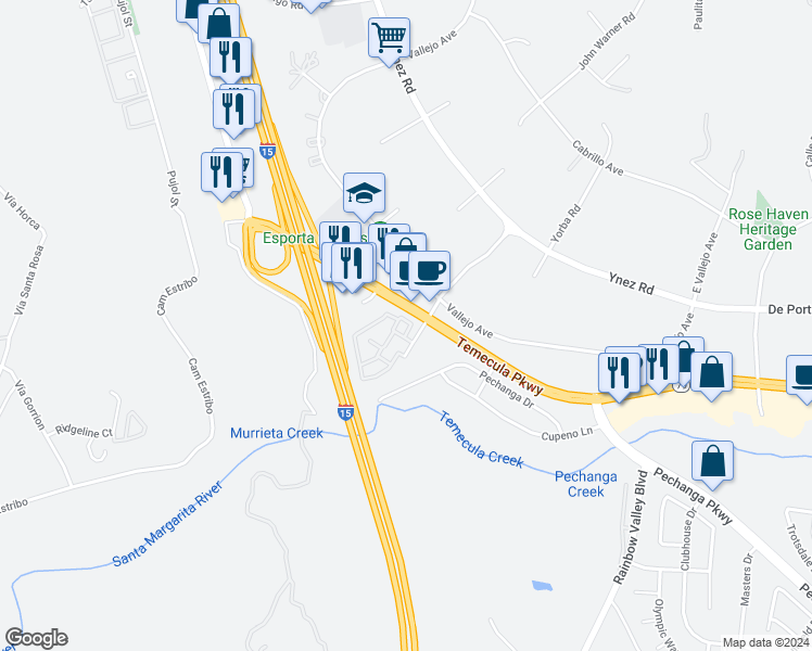 map of restaurants, bars, coffee shops, grocery stores, and more near 44520 La Paz Road in Temecula