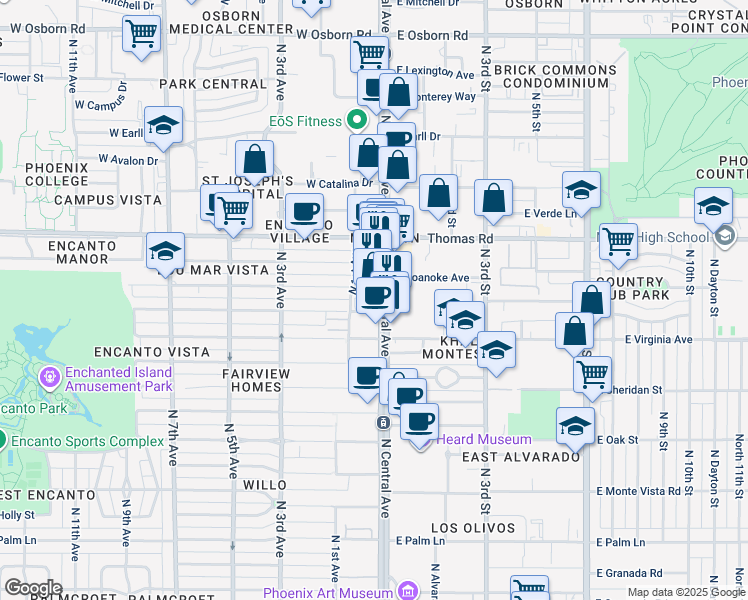 map of restaurants, bars, coffee shops, grocery stores, and more near 2700-2724 North Central Avenue in Phoenix