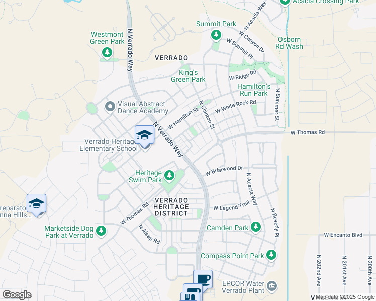 map of restaurants, bars, coffee shops, grocery stores, and more near 20765 West Maiden Lane in Buckeye