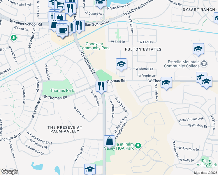 map of restaurants, bars, coffee shops, grocery stores, and more near 2801 North Litchfield Road in Goodyear