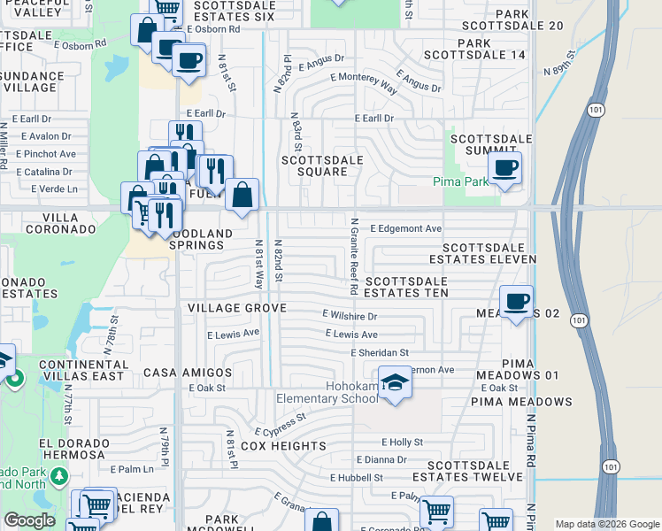 map of restaurants, bars, coffee shops, grocery stores, and more near 8310 East Windsor Avenue in Scottsdale