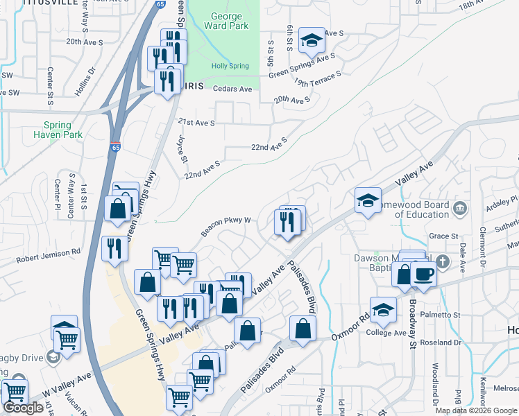 map of restaurants, bars, coffee shops, grocery stores, and more near 1000 Beacon Parkway West in Birmingham