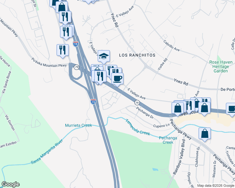 map of restaurants, bars, coffee shops, grocery stores, and more near 44516 La Paz Road in Temecula