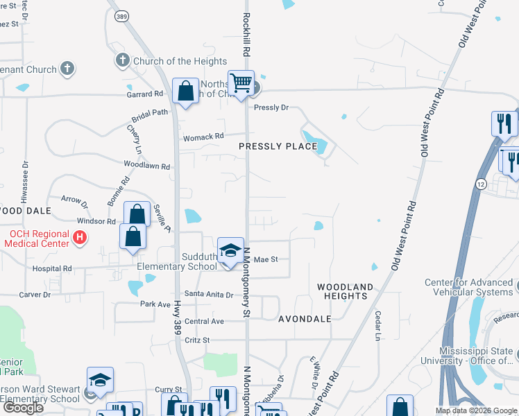 map of restaurants, bars, coffee shops, grocery stores, and more near 109 Tabor Street in Starkville