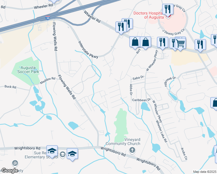map of restaurants, bars, coffee shops, grocery stores, and more near 1539 Abby Way in Augusta