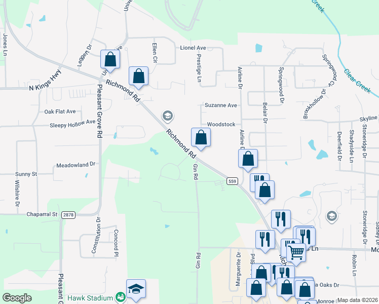 map of restaurants, bars, coffee shops, grocery stores, and more near 5902 Richmond Road in Texarkana