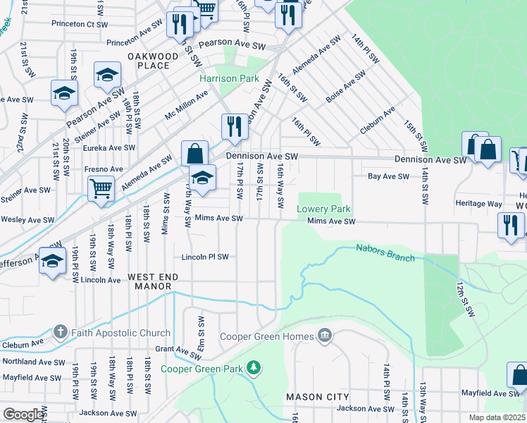 map of restaurants, bars, coffee shops, grocery stores, and more near 1424 16th Way Southwest in Birmingham