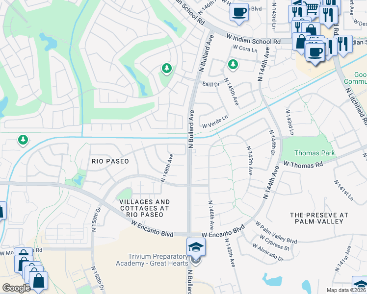 map of restaurants, bars, coffee shops, grocery stores, and more near 14719 West Edgemont Avenue in Goodyear
