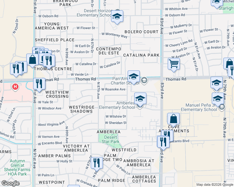 map of restaurants, bars, coffee shops, grocery stores, and more near 8531 West Roanoke Avenue in Phoenix