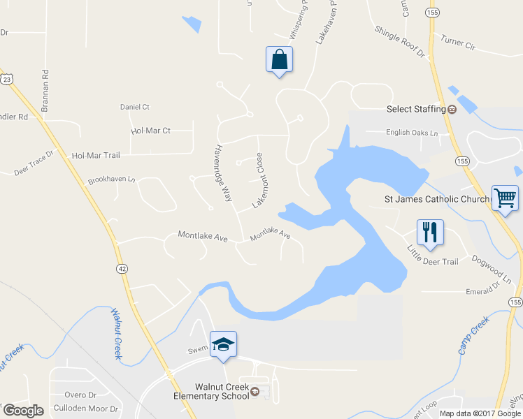 map of restaurants, bars, coffee shops, grocery stores, and more near 8110 Lakemont Close in McDonough