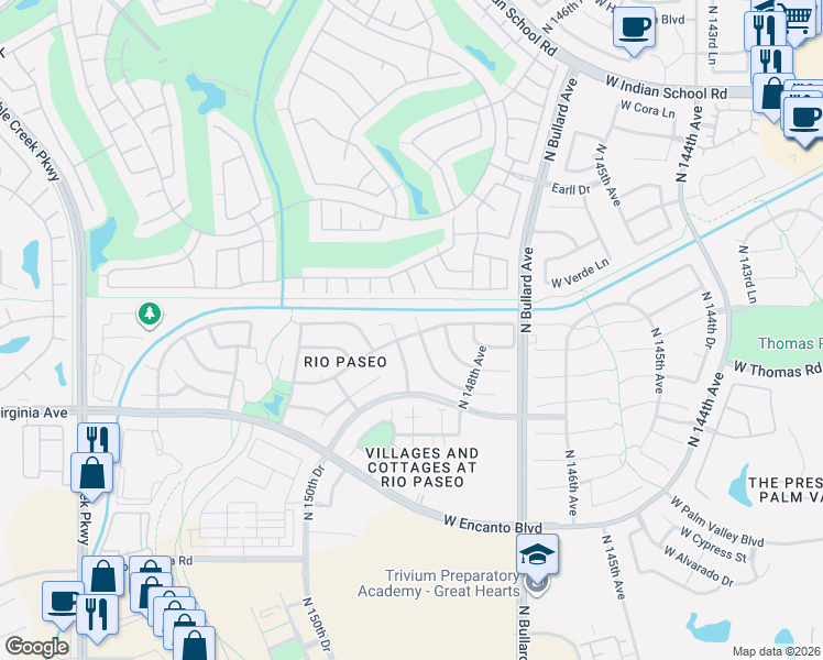 map of restaurants, bars, coffee shops, grocery stores, and more near 2758 North 148th Lane in Goodyear