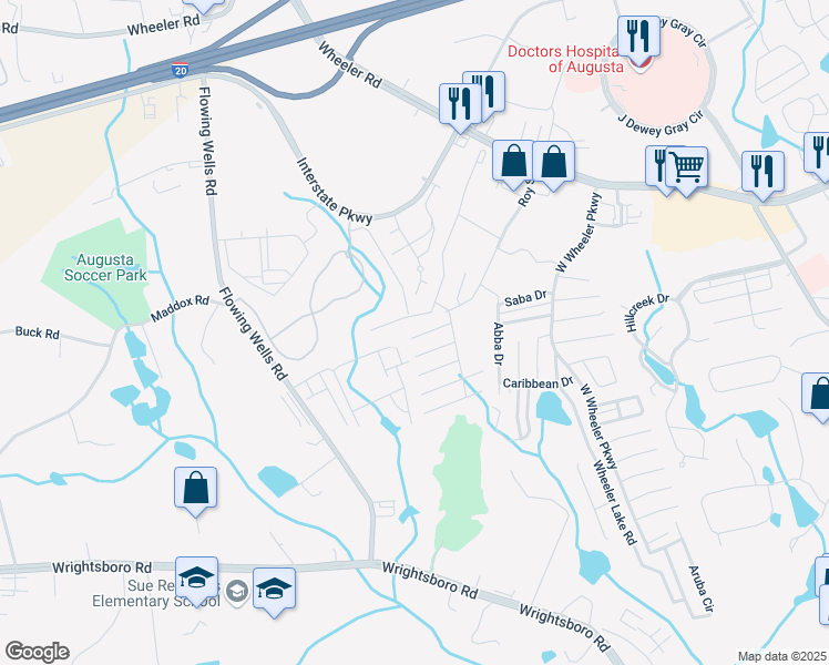 map of restaurants, bars, coffee shops, grocery stores, and more near 1537 Abby Way in Augusta