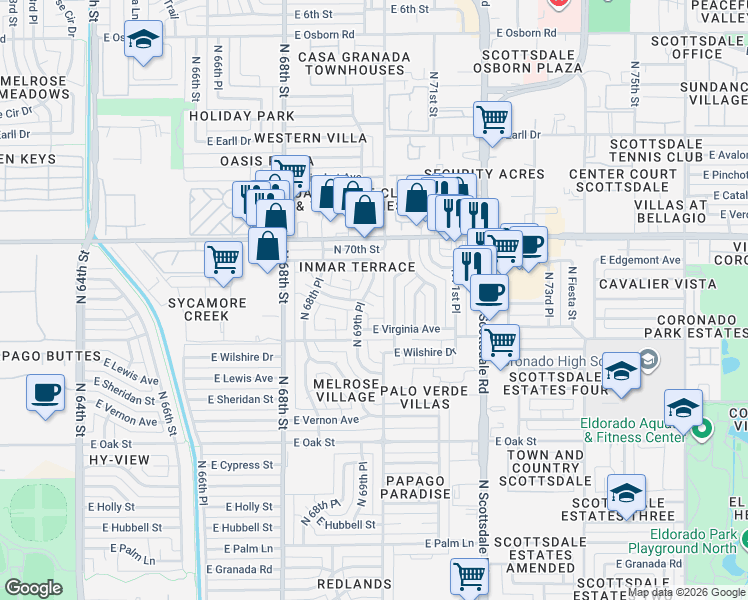 map of restaurants, bars, coffee shops, grocery stores, and more near 2806 North 69th Place in Scottsdale