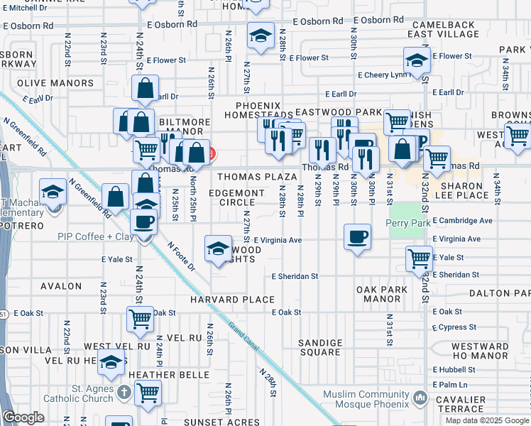 map of restaurants, bars, coffee shops, grocery stores, and more near 2719 East Windsor Avenue in Phoenix