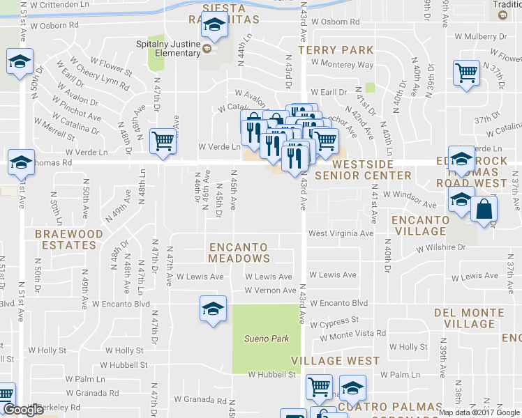 map of restaurants, bars, coffee shops, grocery stores, and more near 2806 North 43rd Avenue in Phoenix