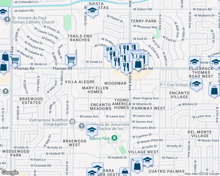 map of restaurants, bars, coffee shops, grocery stores, and more near 2806 North 43rd Avenue in Phoenix