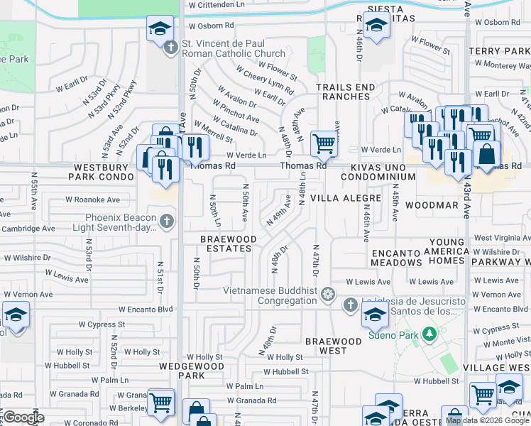 map of restaurants, bars, coffee shops, grocery stores, and more near 2632 North 49th Drive in Phoenix