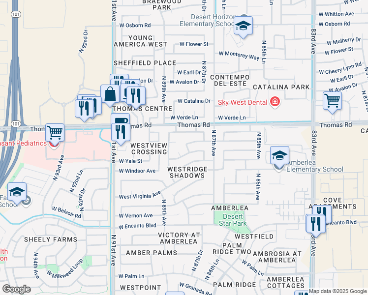 map of restaurants, bars, coffee shops, grocery stores, and more near 8810 West Roanoke Avenue in Phoenix