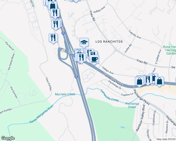 map of restaurants, bars, coffee shops, grocery stores, and more near 44520 Bedford Court in Temecula
