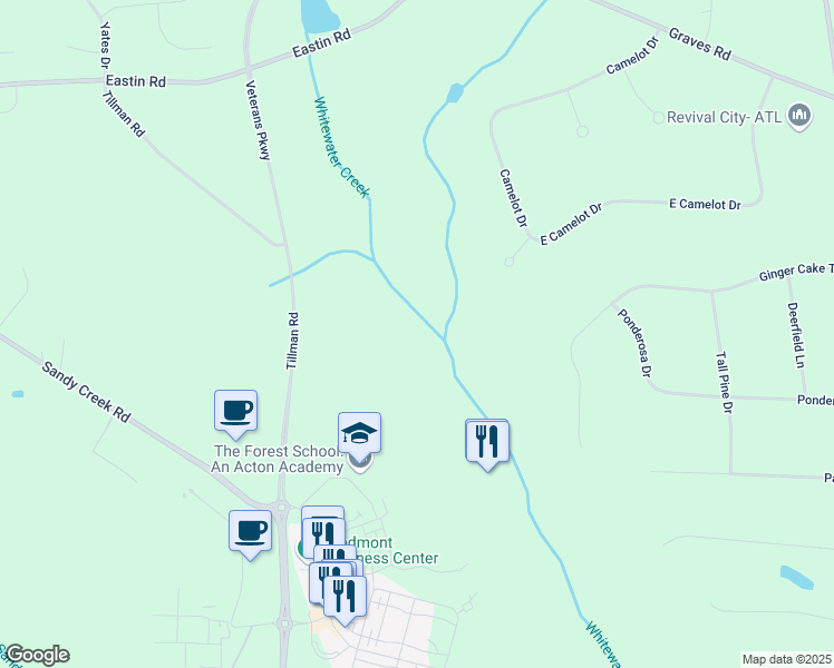 map of restaurants, bars, coffee shops, grocery stores, and more near 557 Veterans Parkway in Fayetteville
