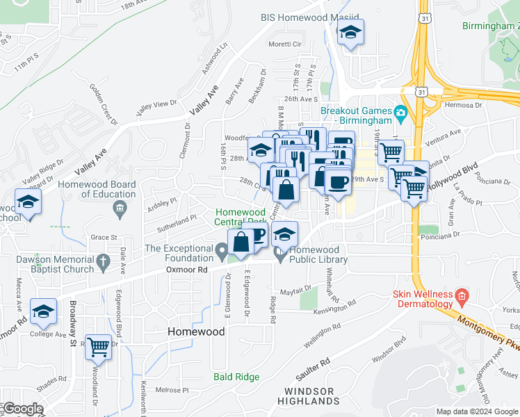 map of restaurants, bars, coffee shops, grocery stores, and more near 1612 29th Court South in Birmingham