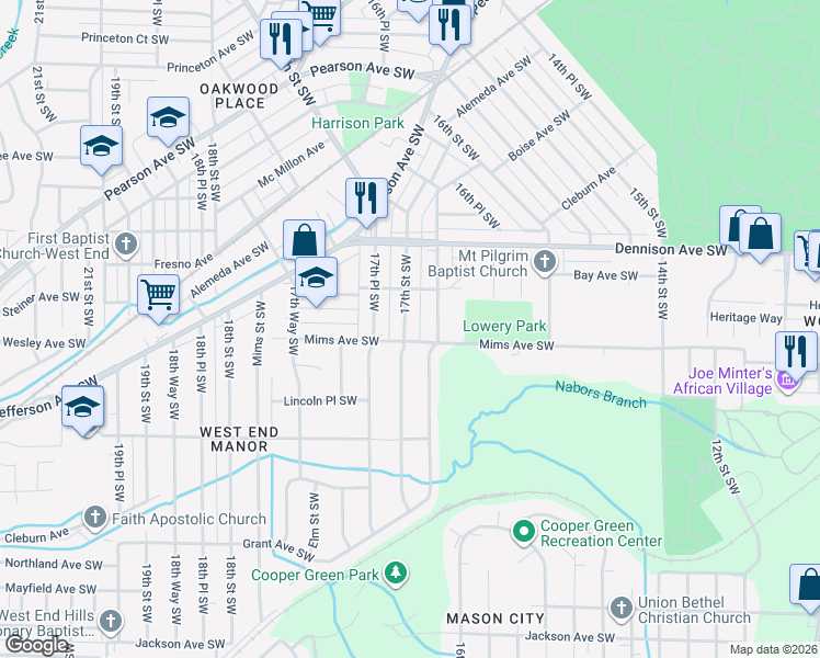 map of restaurants, bars, coffee shops, grocery stores, and more near 1424 16th Way Southwest in Birmingham