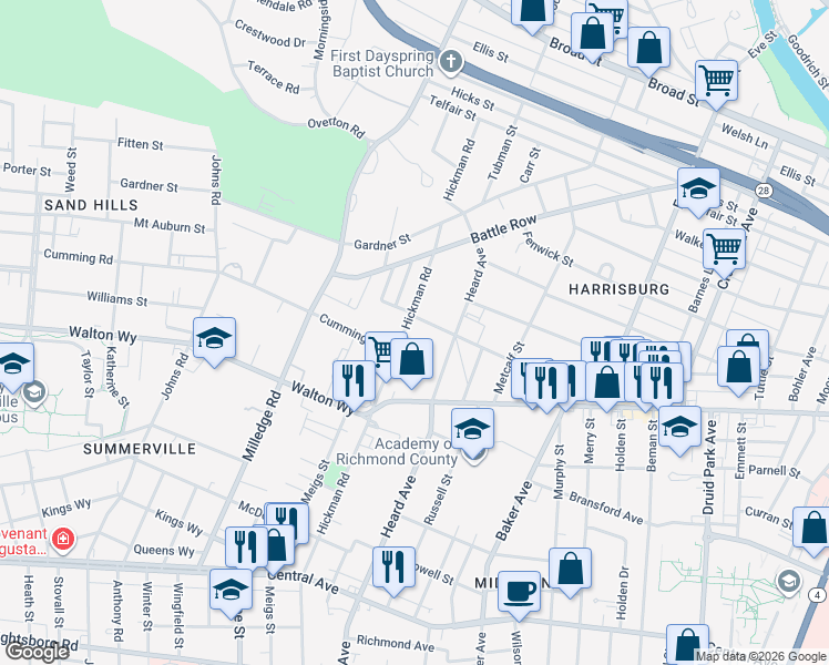map of restaurants, bars, coffee shops, grocery stores, and more near 817 Hickman Road in Augusta