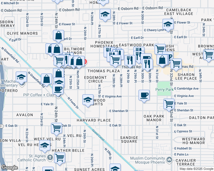 map of restaurants, bars, coffee shops, grocery stores, and more near 2719 East Windsor Avenue in Phoenix