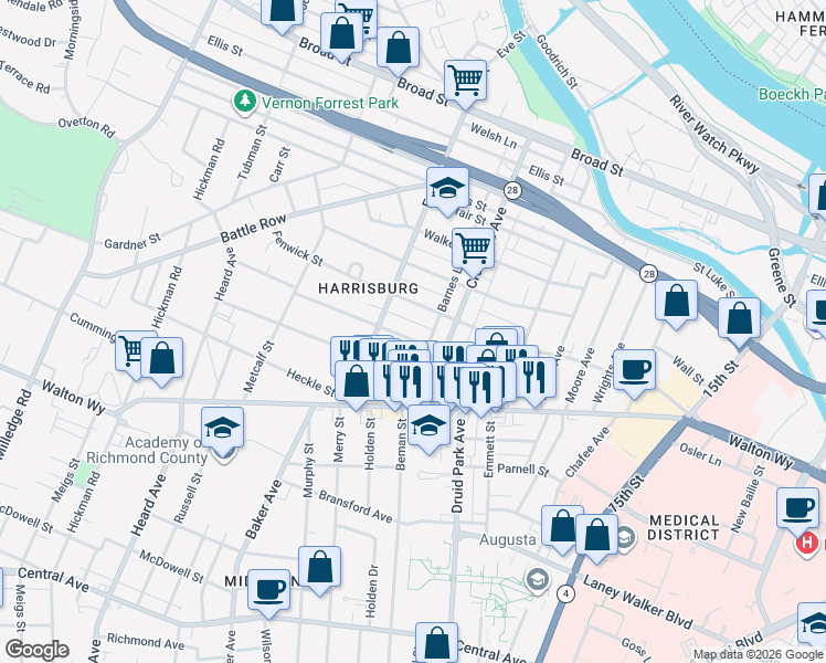 map of restaurants, bars, coffee shops, grocery stores, and more near 1830 Fenwick Street in Augusta