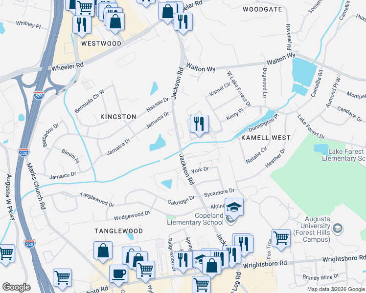 map of restaurants, bars, coffee shops, grocery stores, and more near 1339 Jackson Road in Augusta