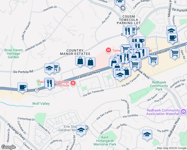 map of restaurants, bars, coffee shops, grocery stores, and more near 31578 Calle Los Padres in Temecula