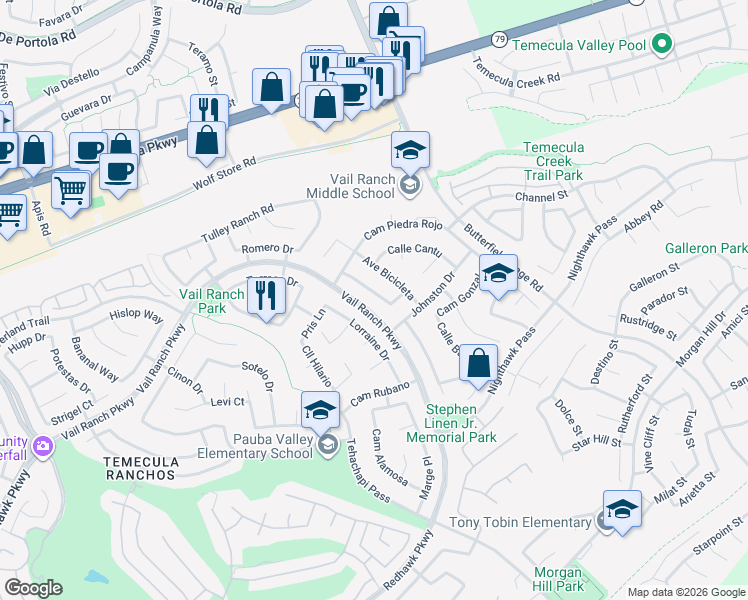 map of restaurants, bars, coffee shops, grocery stores, and more near 33249 Calle Langarica in Temecula