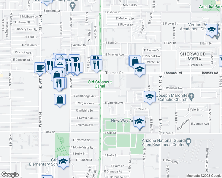 map of restaurants, bars, coffee shops, grocery stores, and more near 4833 East Windsor Avenue in Phoenix
