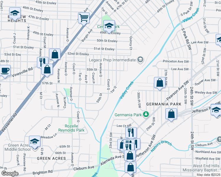 map of restaurants, bars, coffee shops, grocery stores, and more near 5701 Court Q in Birmingham