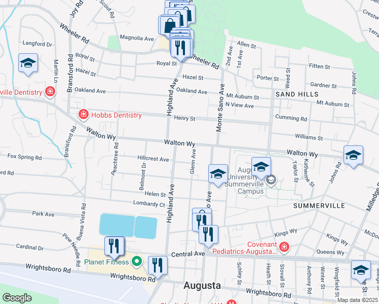 map of restaurants, bars, coffee shops, grocery stores, and more near 2624 Walton Way in Augusta