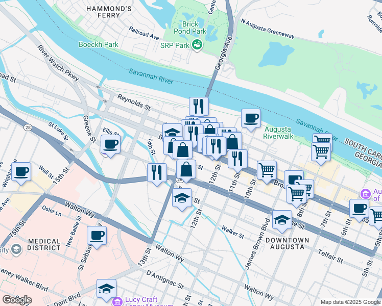 map of restaurants, bars, coffee shops, grocery stores, and more near 1290 Georgia 104 in Augusta