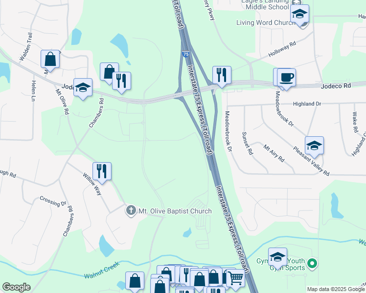 map of restaurants, bars, coffee shops, grocery stores, and more near 2153 Jodeco Road in McDonough