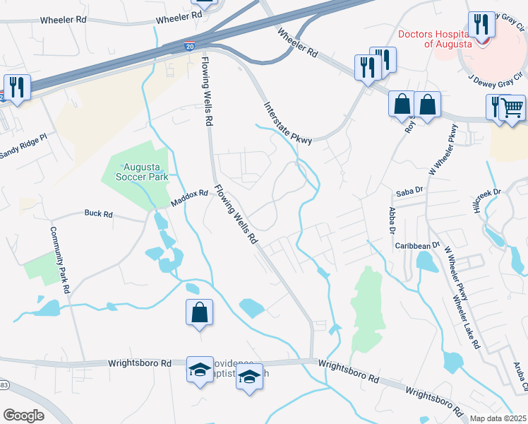 map of restaurants, bars, coffee shops, grocery stores, and more near 3150 Leaflet Way in Augusta