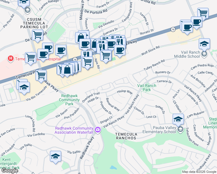 map of restaurants, bars, coffee shops, grocery stores, and more near 32565 Vail Creek Drive in Temecula
