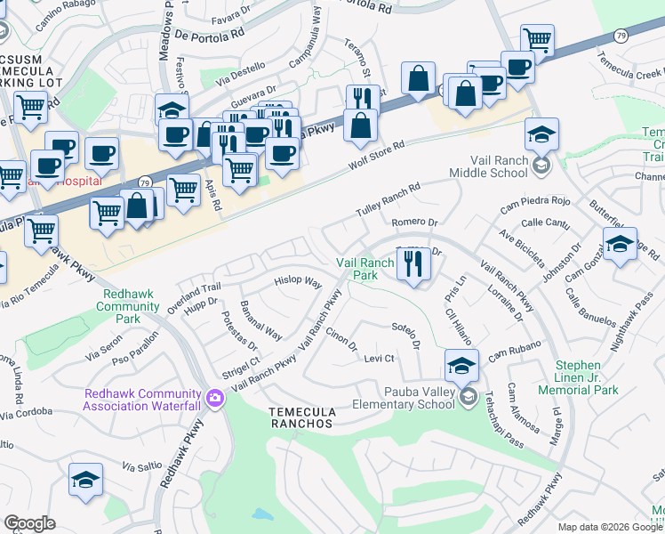 map of restaurants, bars, coffee shops, grocery stores, and more near 44753 Vail Oak Road in Temecula